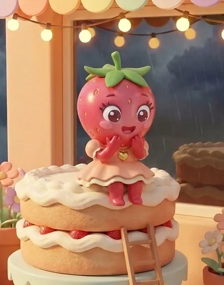 Morangela, a moranguinha de vestido pêssego, sentada em cima de um bolo de morango